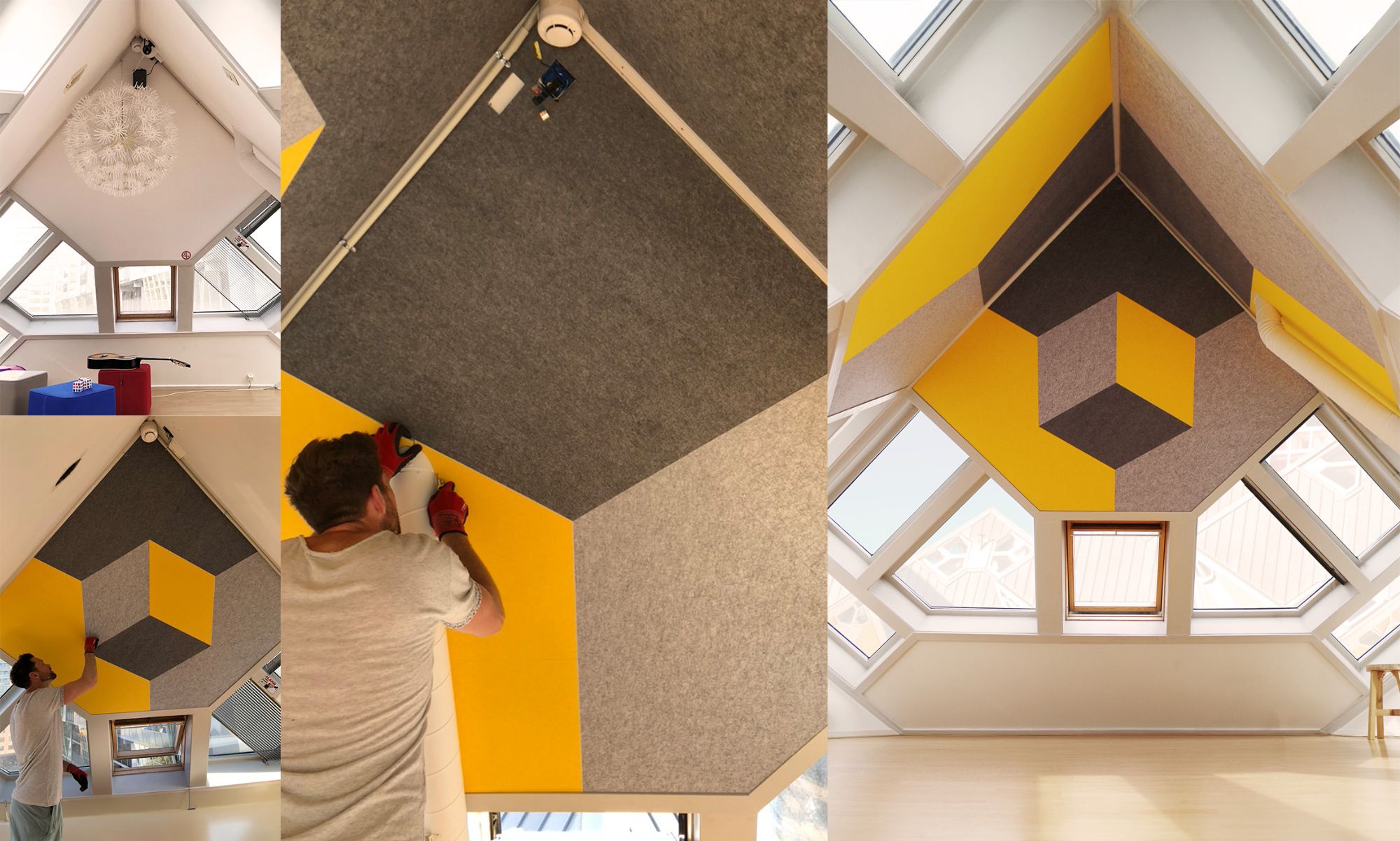 Geel-grijze viltpanelen op maat in een kubuswoning