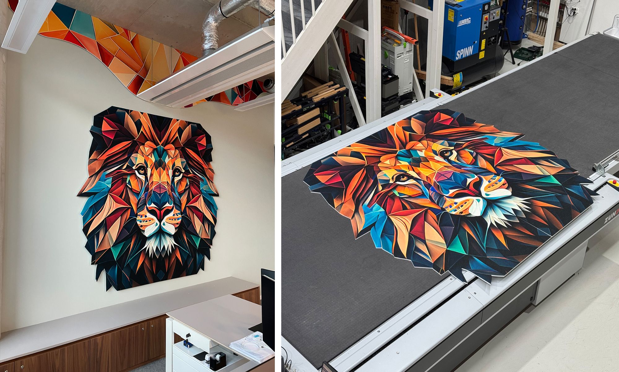 Full-colour print op vilt: leeuwenkop, van snijtafel tot wand